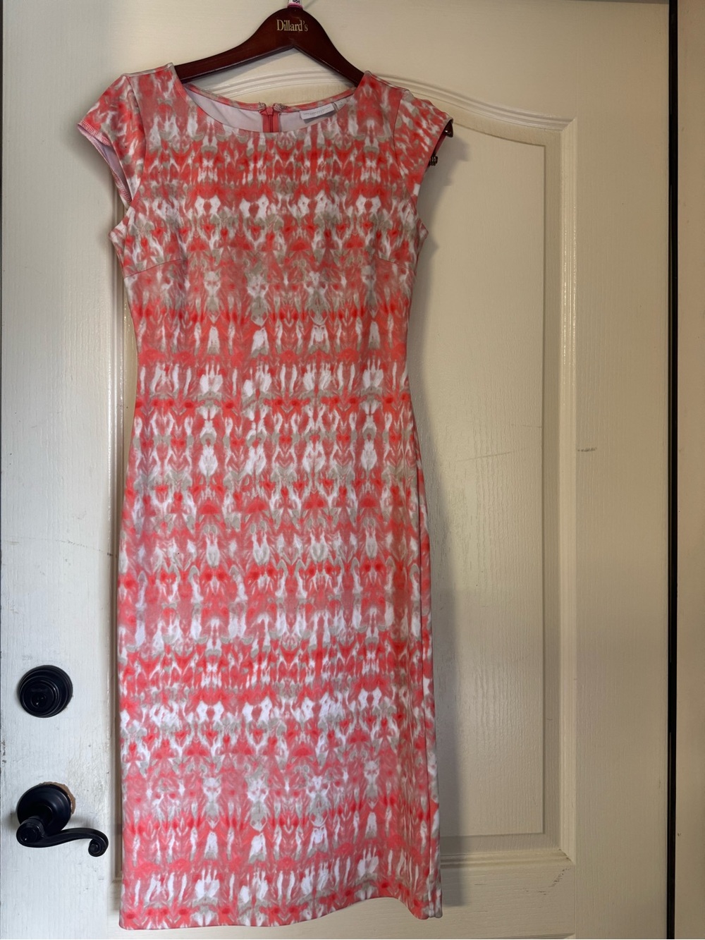 New York & Company Coral and White Patterned Midi Sheath Dress